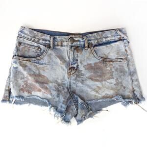 Free People Floral Print Denim Jean Shorts Faded Raw Hem Distressed Destroyed 29